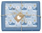 Geschenkpapier zur Geburt für Baby Jungen: 4x Einzelbögen (doppelseitig) + 4x Geschenkanhänger (It's a boy, blau, Wal)