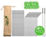 AllEco Edelstahl Strohhalm wiederverwendbar 24er Set + 2 Reinigungsbürsten + Eco-Beutel - Premium-Qualität, umweltfreundlich, nachhaltig, wiederverwendbar & plastikfrei (12 gerade / 12 gebogen)