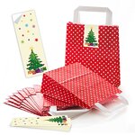 25 rot weiß gepunktete Papiertüte Geschenk-tüte Weihnachtstüte Boden 18 x 8 x 22 cm kleine Papiertasche + Weihnachts-Aufkleber Weihnachtsbaum grün rot gelb Verpackung Geschenke