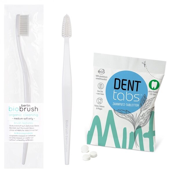 DENTTABS® - DENTTABS Zahnpuztabletten mit Fluorid + Zahnbürste weiß plastikfrei und vegan